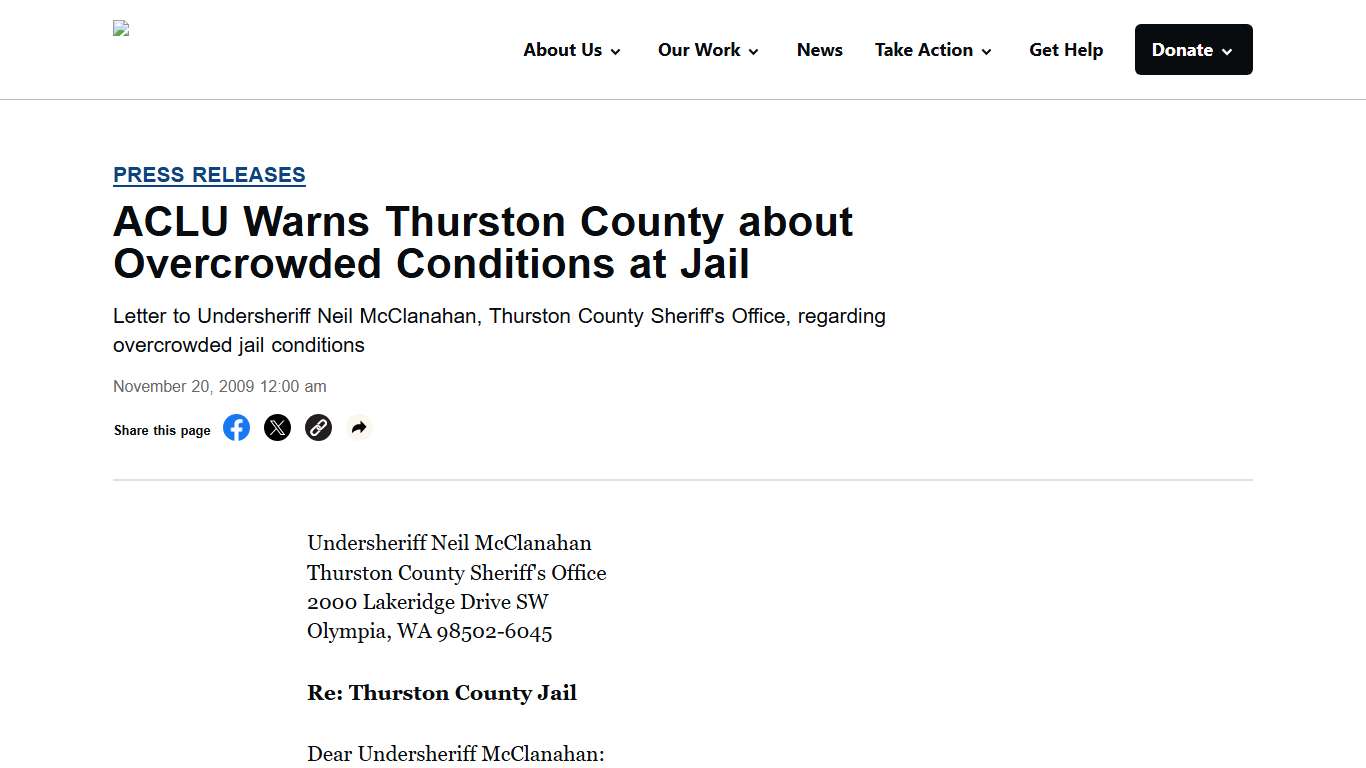 ACLU Warns Thurston County about Overcrowded Conditions at Jail - ACLU of Washington