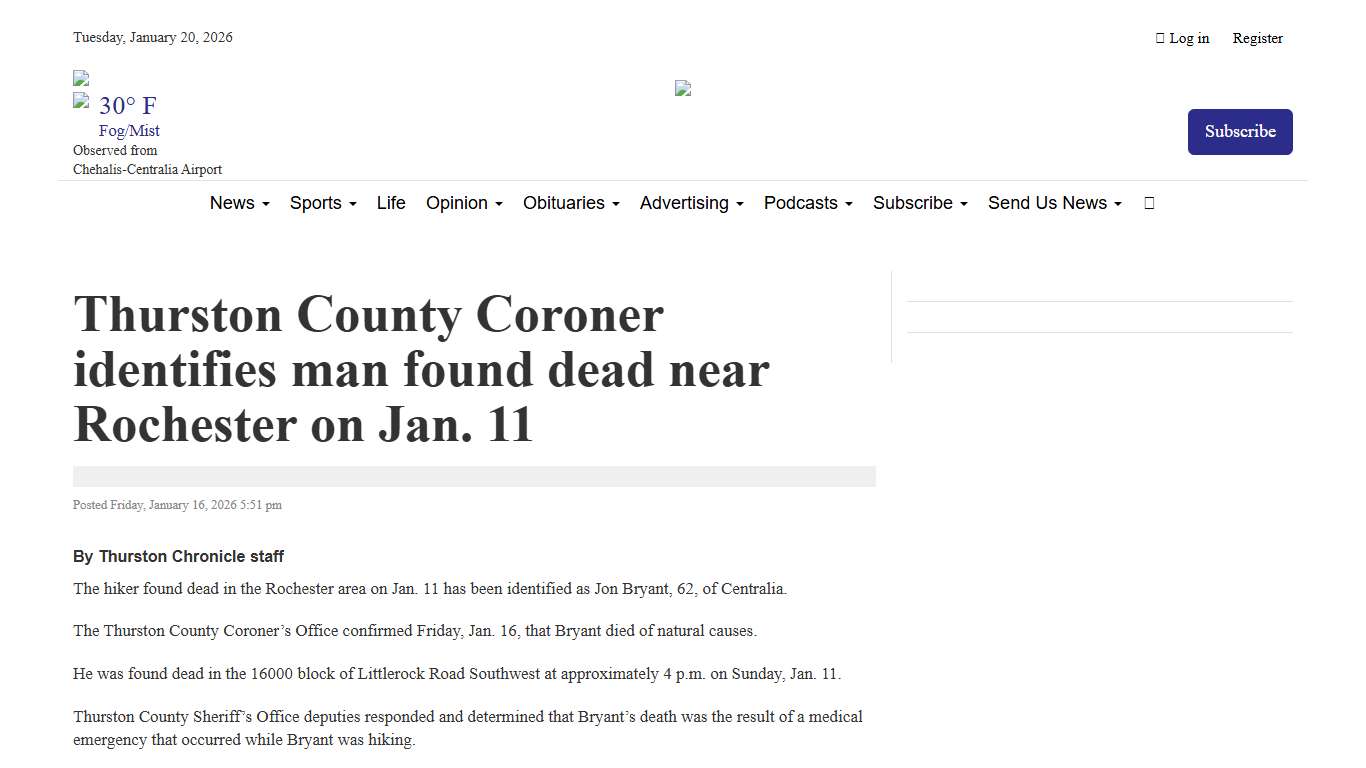 Thurston County Coroner identifies man found dead near Rochester on Jan. 11 | The Daily Chronicle
